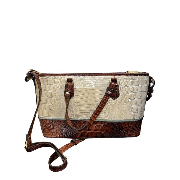 Brahmin Shoulder Purse In Bone & Brown Croc Embossed Leather - Picture 2 of 9